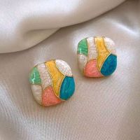 ◈☁  New Fashion Contrast Color Stud Earrings Female Patchwork Colorful Ear Jewelry