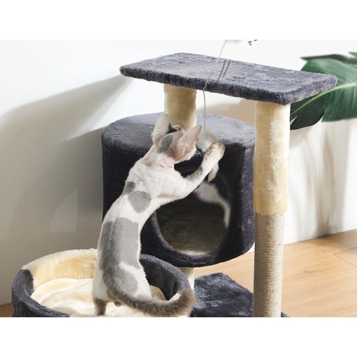 homemart-shop-คอนโดแมวมีอุโมงค์-สูง55cm-คอนโด-พร้อมของเล่น-ปอมปอม-เสาลับเล็บ