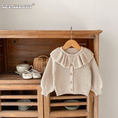 Charming Cozy: Ins 2023 Autumn Baby Girls Knit Cardigan Sweater Lotus Collar Ruffled Hemline Infant Toddler Cute Coat 0-3Y