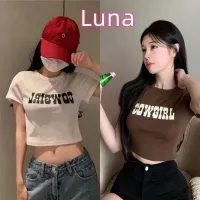 Luna shop（พร้อมส่งจากกทม มาถึงใน 3-5 วัน）เสื้อผ้าเกาหลีเสื้อยืดแขนสั้นผู้หญิงเสื้อตัวสั้น เสื้อครอป รัดรูป สไตล์ y2k