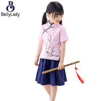 2pcs Girls Tang Suit National Style Short-sleeved Tops Skirt Hanfu Primary School Students Costumes【fast】