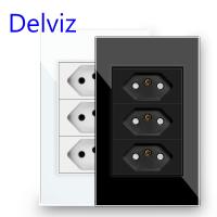 [HOT GELLXKOWOIGHIO 527] Delviz บราซิลมาตรฐานซ็อกเก็ต120มิลลิเมตร X 72มิลลิเมตรแก้วคริสตัล Panelwhite/blackac 110โวลต์250โวลต์3แก๊ง3 Pins หลุม10A พลังงานผนังเต้าเสียบ