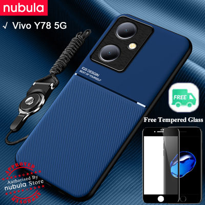 NUBULA เคสสำหรับ Vivo Y78 (6.78 ") นิ้ว,เคสฟรีกระจกนิรภัยหนังนิ่มให้ความรู้สึกมือถือ Y78 Hp VIVO ฝาหลังสายคล้องตัวยึดตัวจับดูดชุดทำความสะอาดหน้าจอฝาหลังสำหรับ Vivo Y78 5G