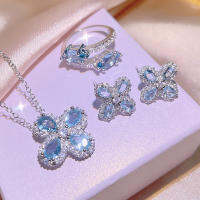 เกาหลีประณีต Micro ฝัง Aquamarine สามชิ้นเครื่องประดับอารมณ์สร้อยคอสีฟ้าหรูหราต่างหู Charm แหวนจี้