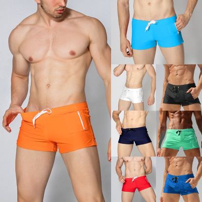 Mens Plus Size Swimwear Boxer Briefs Solid Color Drawstring Waist Beach Board Shorts Quick Dry Summer Swim with Zipper