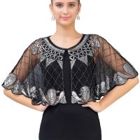 【Miki Xinyuan】ผ้าคลุมไหล่ผู้หญิง1920S Beaded SequinEvening Cape BoleroCover Up See-Through Scalloped Hem Party Shawl