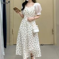 ☃❡๑ Midi Skirts Loose Printing V-neck Fashion Casual Korean Patchwork Pleated Dresses Summer Sweet Short Sleeve Women 39;s Clothing