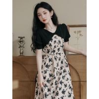 Spot parcel post French Style Fake Two-Piece Dry Rose Strap Dress Womens Summer 2023 New Hepburn Style Floral Long Skirt