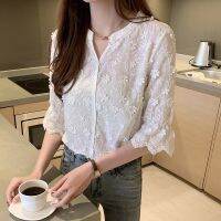 Crochet Floral Elegant Cute Korean Shirt Women Summer Half Sleeve Plain Casual Blouses White