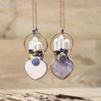 Heart Shape Natural Rose Quartzs Soldered Bronze Crystal Point Pendants Antique Copper Amethysts Necklaces Boho JewelryQC3215