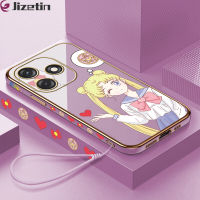 Jizetin สำหรับ Tecno Spark 10 Spark 10C ฟรีสายคล้องการ์ตูนเซเลอร์มูนเคสขอบสี่เหลี่ยมชุบเคสโทรศัพท์เด็กผู้หญิงเคสโทรศัพท์นิ่ม