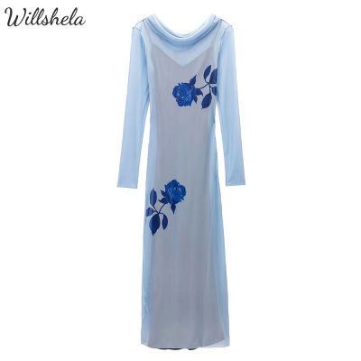 Willshela Women Fashion Floral Print Blue Transparent Midi Mesh Tulle Dress Back Bow Tied Long Sleeves Female Chic Lady Elegant Retro Vintage Inner Sling Long Dress