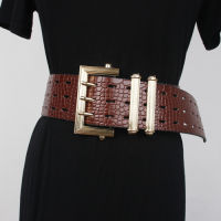Vintage 3 Rows Buckle Pins Adjustbale Belt Women Wide Waist Belt Serpentine Pattern PU Waistband Cummerbund Ladies Winter Belts