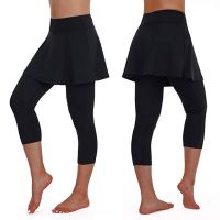 HOT★ฟิตเนส Leggings ผู้หญิงกระโปรงเทนนิสกางเกง Spandex Legging กีฬายืดหยุ่นกางเกงขายาวตัด Culottes Legins Женские Штаны กางเกงโยคะ