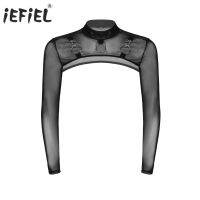 Iefiel ชาย Mens Mock คอ Moto เสื้อแขนยาว O-Ring Decor เสื้อยืดดูผ่านตาข่าย Half Crop Top Party Clubwear