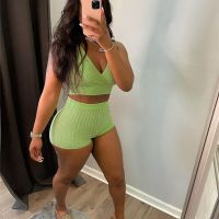 【Feb】 Dourbesty Women Sexy Knitted Rib Wrap V Neck Crop Top Biker Shorts Two Piece Set Outfits Casual Sportswear Shorts Tracksuits