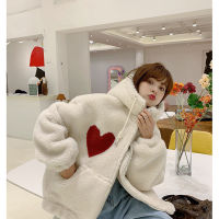 White Red Heart Fleeced Zip Hoodie Oversize Women Thick Fur Lamb Wool Coat Loose Jacket Winter Korea Female Cloth Christmas