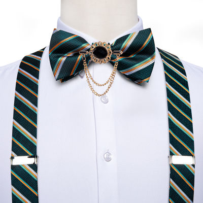 สีเขียวลายผู้ชาย Suspenders 6คลิปวงเล็บผ้าไหม Suspender Bow Tie ชุดสายรัดปรับได้ชายของขวัญอุปกรณ์เสริม DiBanGu