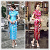 【CW】16Color Chinese Traditional Cheongsam Satin Dress 2022 New Year Print R Wedding Evening Party Women Long Dresses