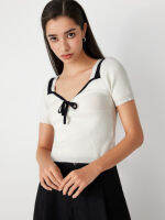 Cider Knit Contrasting Binding Bowknot Short Sleeve Top