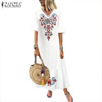 ZANZEA lared Sleeve Print Pleated Plus Size Long Dress