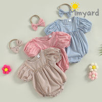 Mmyard เสื้อชุดฤดูร้อนลายสก็อตแขนพองสั้น2ชิ้นสำหรับเด็กผู้หญิงรอมเปอร์พิมพ์ลายเซ็ตที่คาดผม