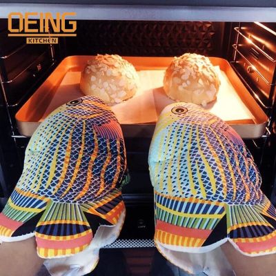 Colorful Fish Shape Oven Mitts Non-slip Anti-scalding Kitchen Glove Long Cotton Heat Resistant Baking Oven Mitten