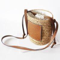 Women Casual Straw Woven Cylinder Bag Lady Vocation Drawstring Cover Bucket Shoulder Bag Female Summer Outdoor Shopping Handbags