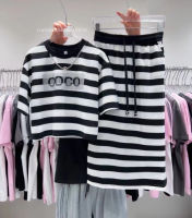 set 2 pcs เสื้อยืดริ้วแปะเพชรเป็นตัวหนังสือ coco +มาพร้อมกระโปรงลายริ้ว