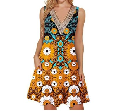 ☼ Summer V Neck Floral Printed Dress for Women Vinatge Casual Loose Fit Sleeveless Comfortable Elegant Beach T Shirt Dress