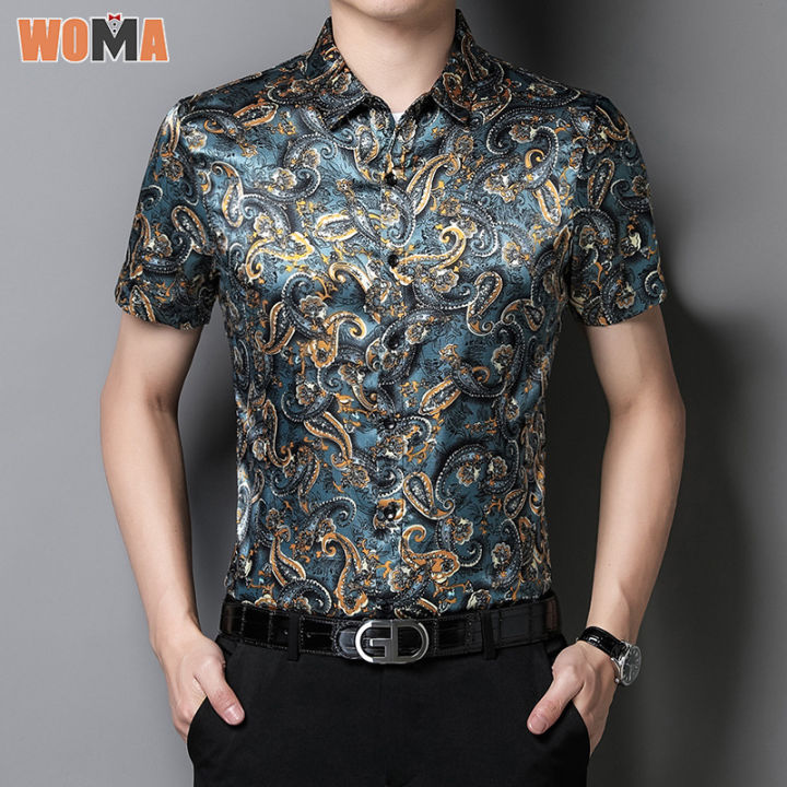 woma-เสื้อแขนสั้นคอปกทรงหลวมสำหรับผู้ชาย-เสื้อสูทธุรกิจทรงสลิมฟิตพร้อมเสื้อเชิ้ตแขนสั้นพิมพ์ลายธุรกิจลำลอง