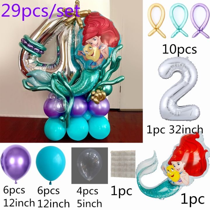 ลูกโป่งฟอยล์ลายเงือกแอเรียลเจ้าหญิง29ชิ้น-ล็อตลูกโป่งตัวเลข32นิ้วสำหรับวันเกิดของหญิงสาวเบบี้ชาวเวอร์ของเล่นของตกแต่งงานปาร์ตี้