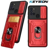 KEYSION เคสกันกระแทกสำหรับ Samsung A21S กระเป๋าใส่บัตรการป้องกันกล้องขาตั้งโทรศัพท์โทรศัพท์เคส Galaxy A10S A20S