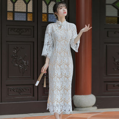 ย้อนยุคสาธารณรัฐจีนสไตล์ Cheongsam รุ่นปรับปรุงของเด็กสาวใหม่จีนอารมณ์สง่างามชุดยาว