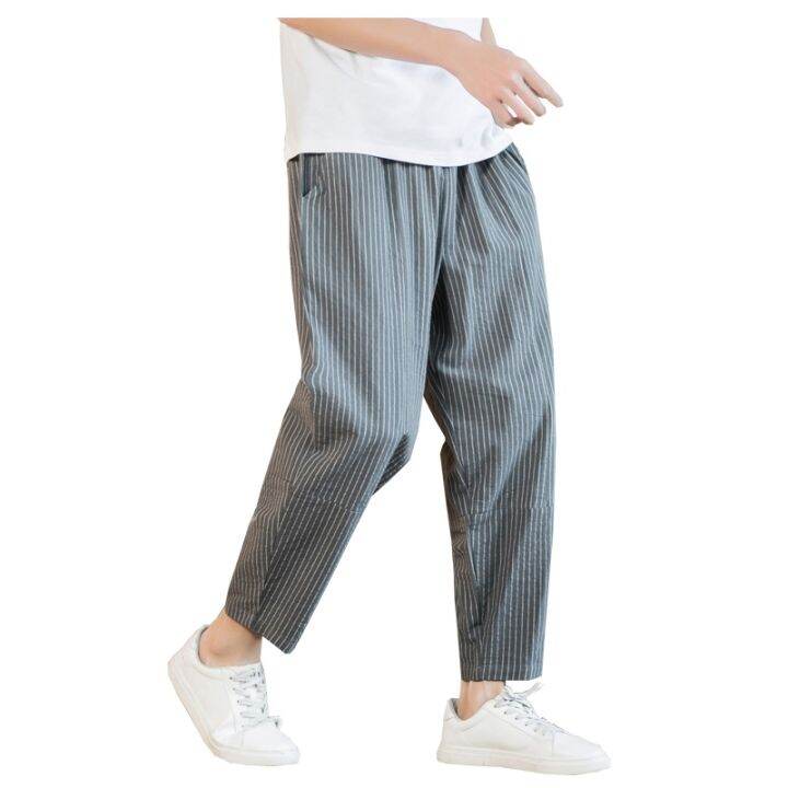 summer-mens-large-size-classic-harem-pants-3-colors-casual-fashion-stripe-drawstring-cropped-pants-linen-thin-trousers