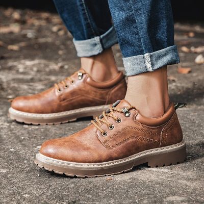2023รองเท้า Casual Leather สำหรับบุรุษใหม่สำหรับผู้ชาย,รองเท้าหนังหุ้มข้อรองเท้าทำงานรองเท้าเพื่อความปลอดภัยฤดูหนาวกันน้ำบูทผูกเชือก