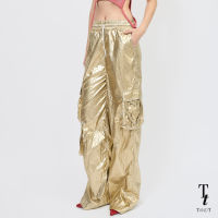 TandT - JULES GOLD Pants - METALLIC FOIL CARGO PANTS  กางเกงขายาว ทรงคาร์โก้ ขอบเอวยางยืด ตกแต่งรูดระบายหัวใจที่กระเป๋า ผ้าฟรอยด์สีทอง