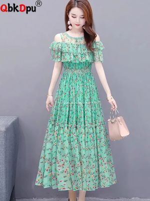 Women Boho Mesh Floral Dresses Korean Off Shoulder Printted Big Size 4xl Dress Elegant Summer Vestido Midi Beach Party Robes New
