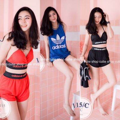 ML115  Set 3 ชิ้น Bikini บลาสายผูกคอ แต่งยางลายแบรนด์ + กางเกงแต่งแถบยางลาย เนื้อผ้า sports micro งานดีค่ะ มีเสื้อกล้ามสกรีนด้านหน้า เซต