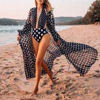 AYUALIN Boho Dot Print Beach Robe Chiffon Black Ethnic Cardigan Dress Women Long Sleeve Tunic Blouse Vestidos Cover Up Plus Size