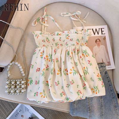 REHIN เสื้อผู้หญิงสำหรับฤดูร้อน,ชุดชั้นในหญิงพิมพ์ลายมีจีบแฟชั่นใหม่เสื้อชีฟองอเนกประสงค์กระชับสัดส่วน