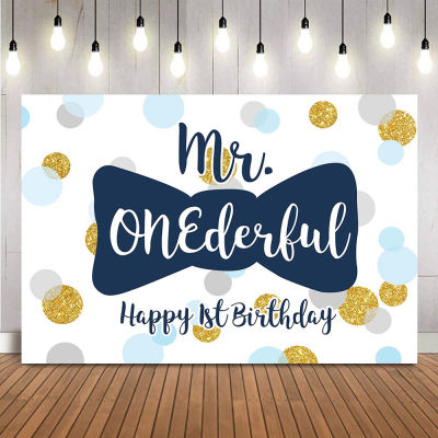 Mr.Onederful 1st Birthday Backdrop Light Blue and Gold Background for Little Man Photoshoot Props First Birthday Party Banner