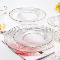 ♝✔ Golden Stroke Glass Plate Transparent Stripe Embossed Decorative Home Fruit Salad Plates Western Restaurant Table Top Steak Dish