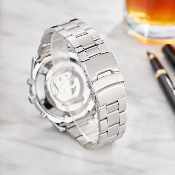 โมเดลโครงกระดูกของเล่นนาฬิกาผู้ชายสะท้อนแสงอัตโนมัติระบบไขลาน-นาฬิกาสายเหล็กกลไกดูนาฬิกาชายไขลาน
