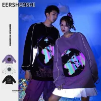 EERSHENSHI เสื้อฮู้ดผู้ชายคอกลมเสื้อผ้าคู่รักเสื้อแบบหลวมสะท้อนแสงยี่ห้อญี่ปุ่น