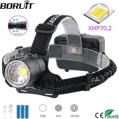 BORUiT XHP70.2 LED Powerful Headlamp 5000LM 3-Mode Zoom Headlight Rechargeable 18650 Waterproof Head Torch for Camping Hunting