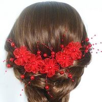 Hand-knitted Pearl tassel Lace flower Headband Red White Wedding Tiara Hair Accessories Bridal headdress