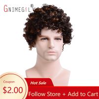 GNIMEGIL Short Synthetic Hair Wigs For Man Natural Mens Curly Brown Hair Replacement Wigs for Male Cosplay Halloween Party