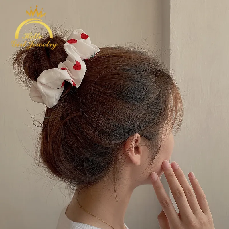 Hello Girl Jewelry Cute Strawberry Hair Band Chiffon Large Intestine  Scrunchies Elastic Rubber Band Hair Accessories 