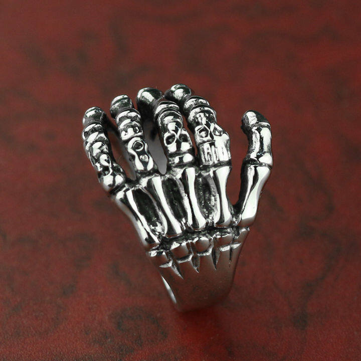 skeleton-มือไทเทเนียมโลหะผสมสแตนเลสบุรุษแหวน-ด้วยแหวนแฮนด์เมด-headwear-เครื่องประดับมือแฟชั่น-kvms